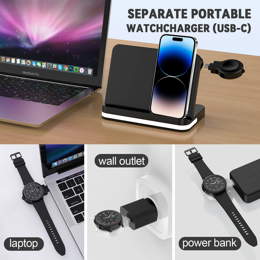 3-in-1 Magnetic Wireless Charging Station - 15W Fast Charge Stand for iPhone, Apple Watch & AirPods