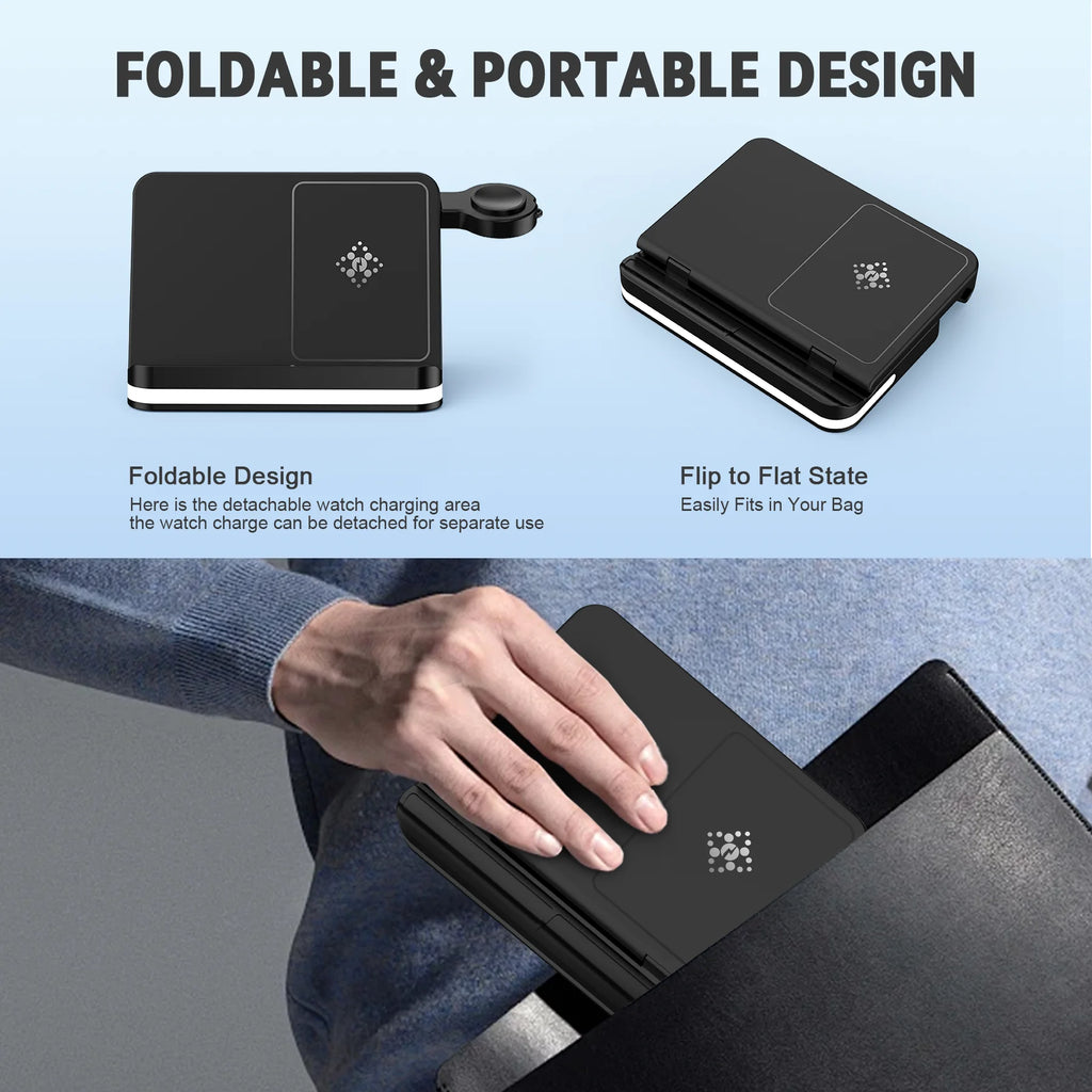 3-in-1 Magnetic Wireless Charging Station - 15W Fast Charge Stand for iPhone, Apple Watch & AirPods