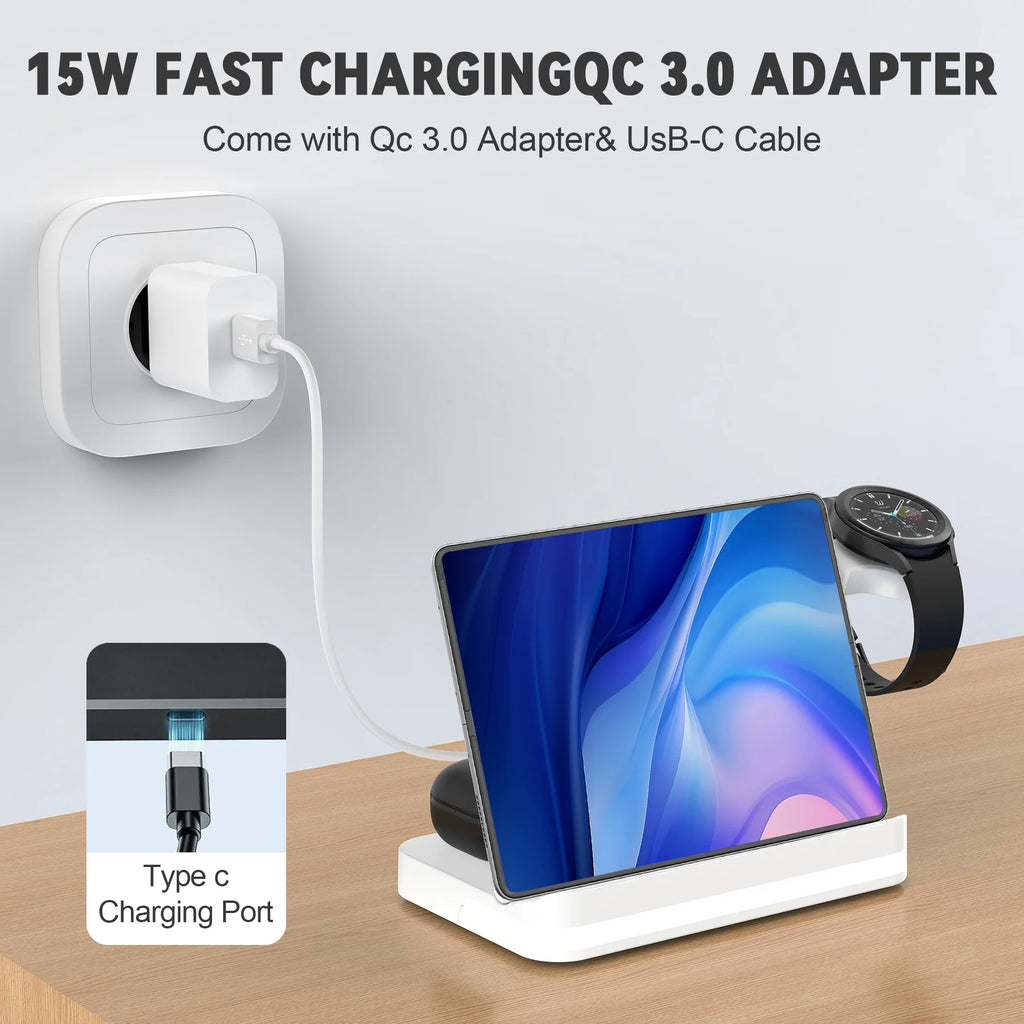 3-in-1 Magnetic Wireless Charging Station - 15W Fast Charge Stand for iPhone, Apple Watch & AirPods