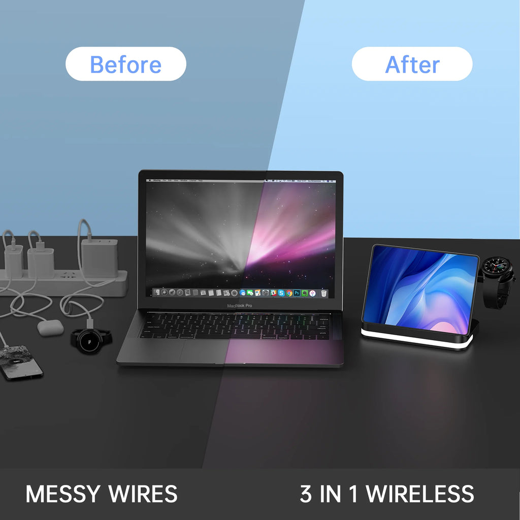 3-in-1 Magnetic Wireless Charging Station - 15W Fast Charge Stand for iPhone, Apple Watch & AirPods